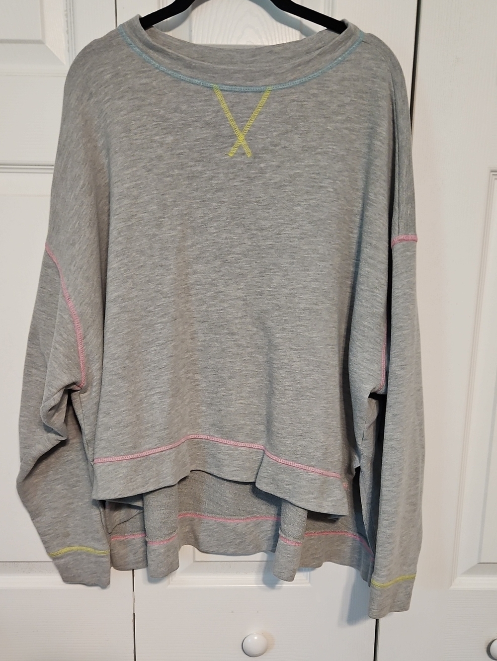 crown & ivy Light Gray Layered Crewneck Sweater with Pink and Yellow Accents